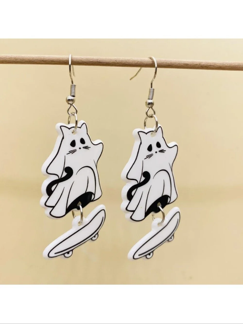White Cat on Skateboard Pet-Themed Earrings by